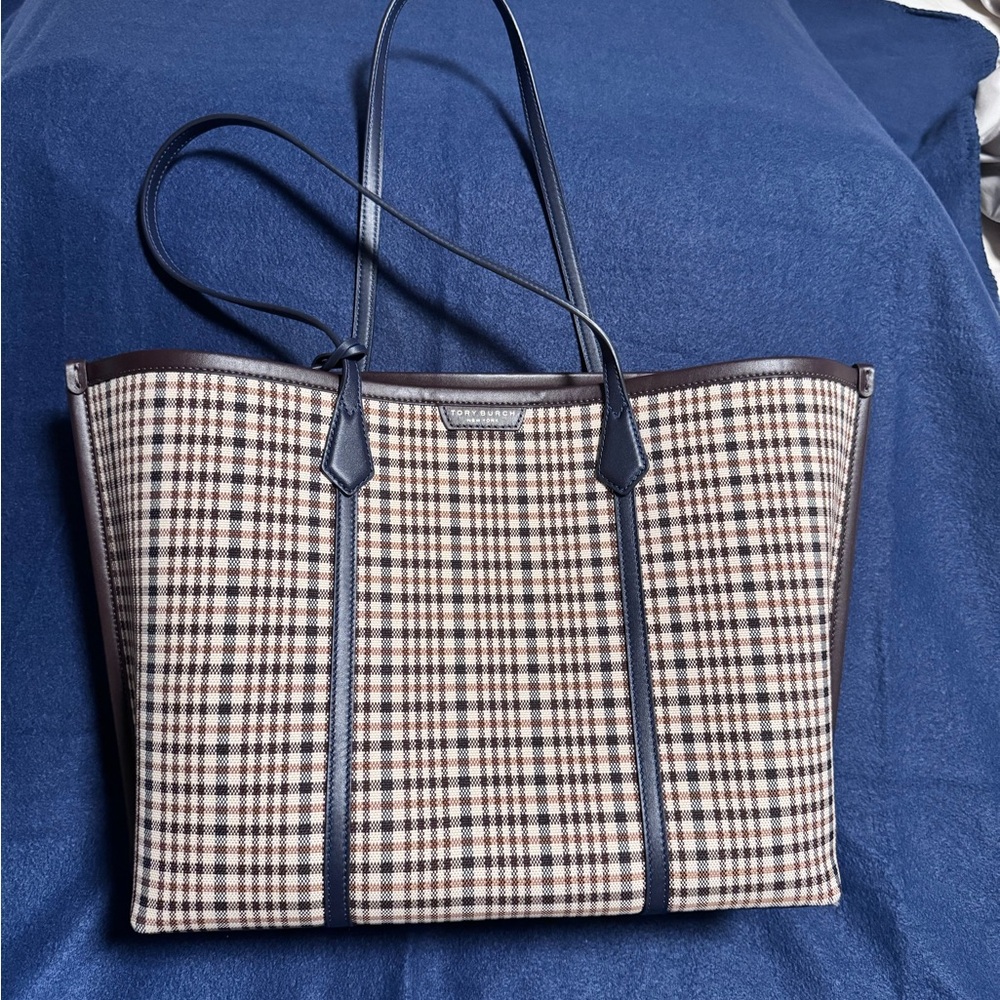 Tory Burch Plaid Tote Bag with Navy Accents